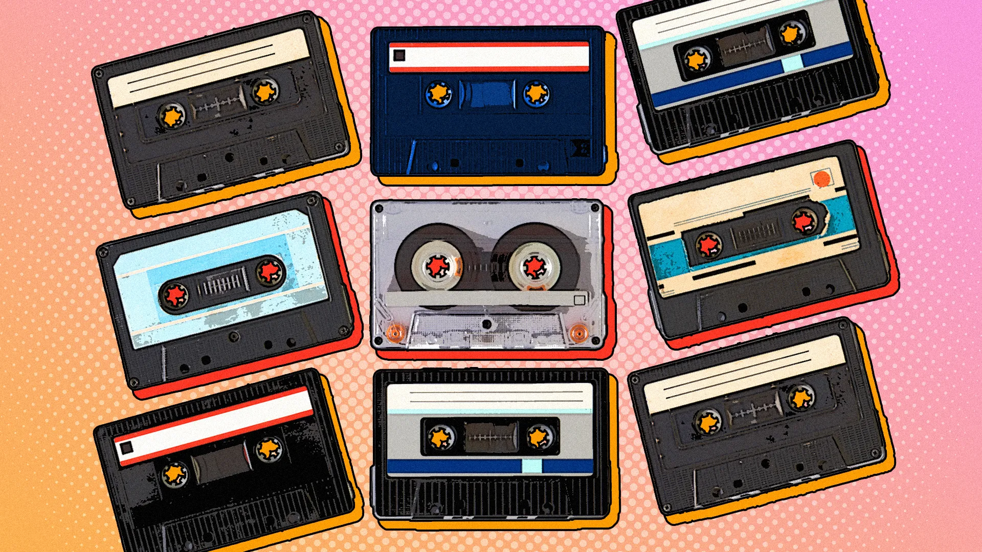 Nhiều băng cassette đặt cạnh nhau với phong cách retro, gợi nhớ thói quen tua băng bằng bút chì