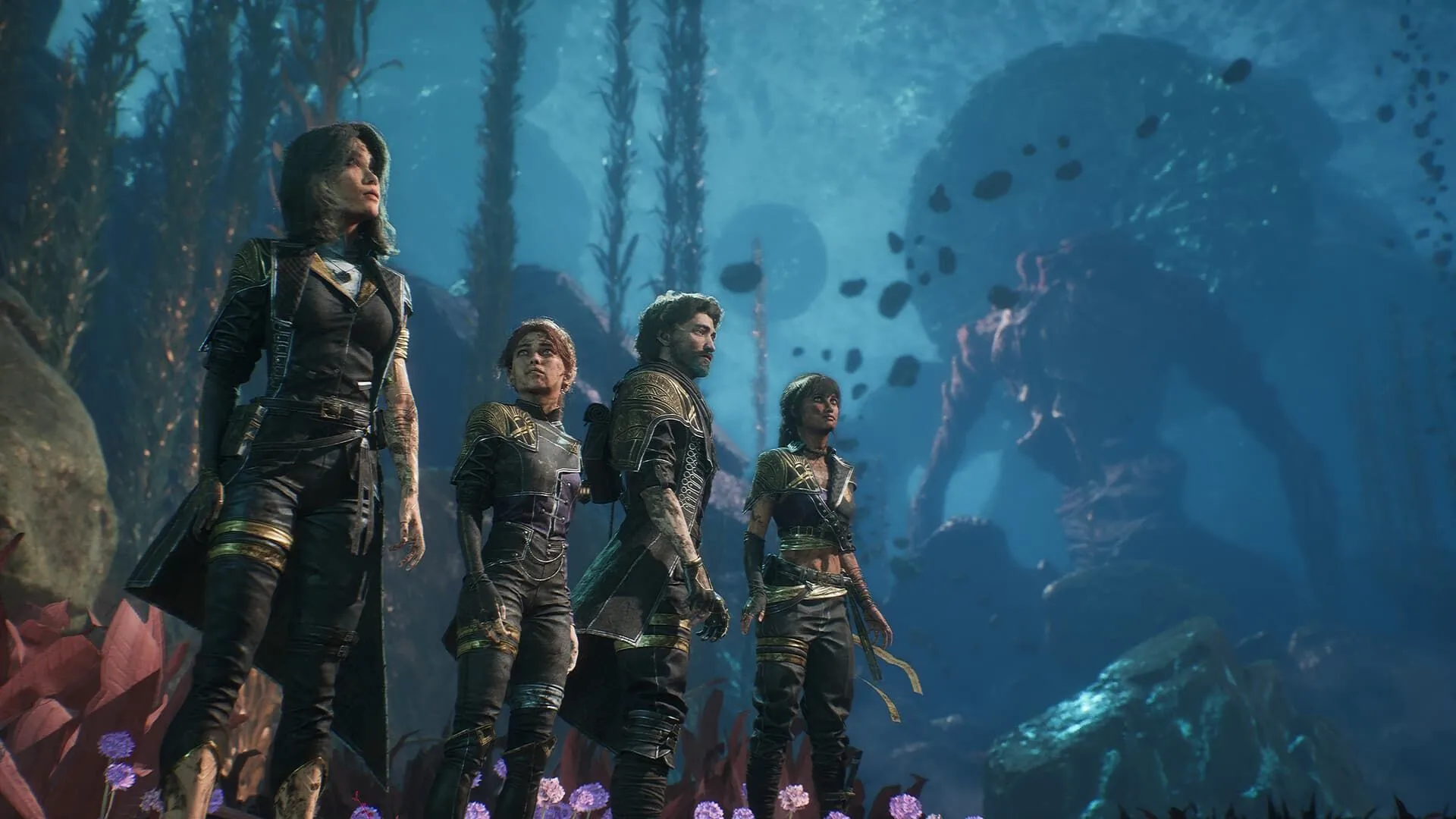 Nhóm nhân vật chính trong game Clair Obscur: Expedition 33 đứng cùng nhau trong một khu vực tối tăm.