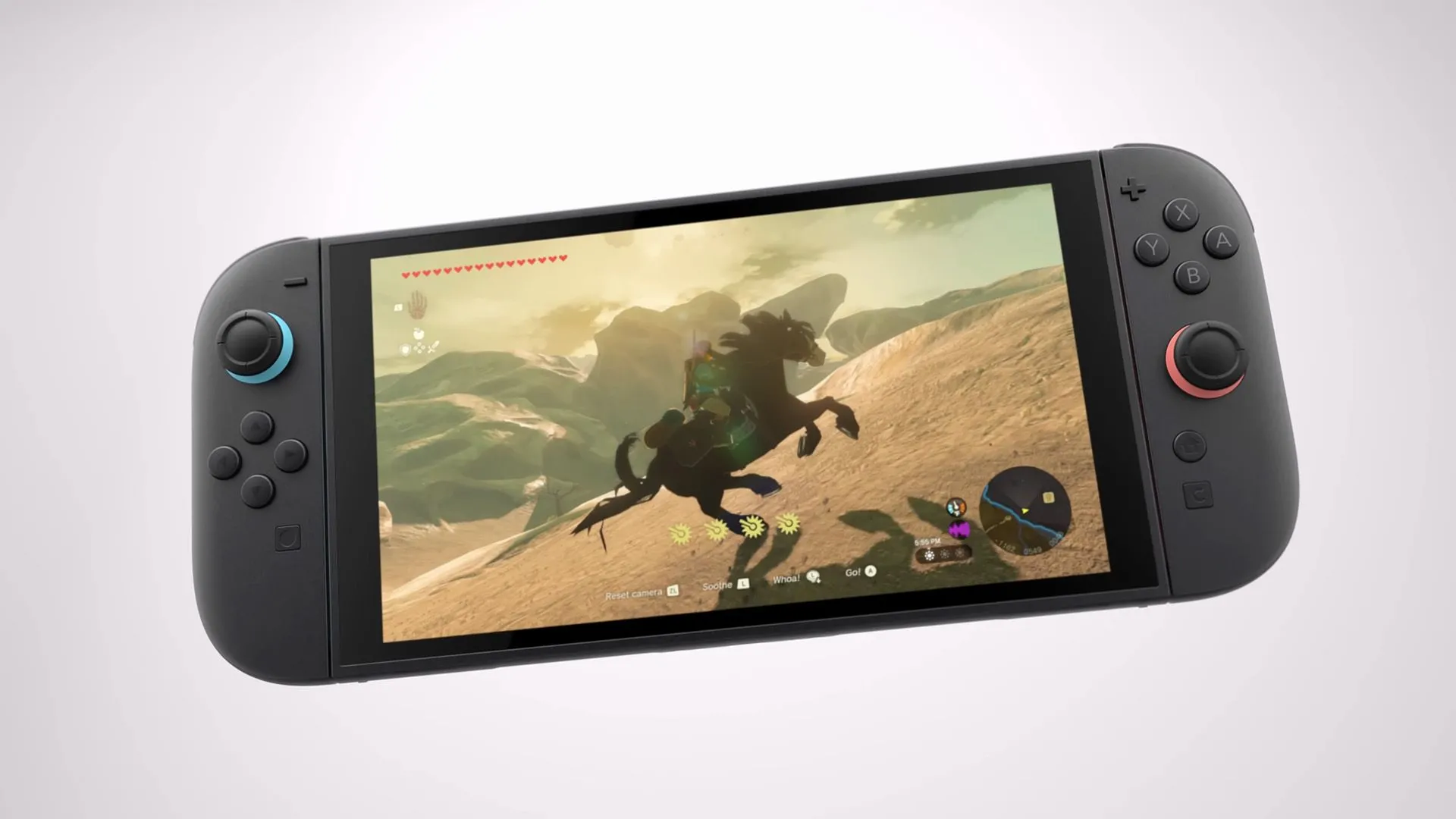 Nintendo Switch 2 đang hiển thị cảnh game The Legend of Zelda trên màn hình, cho thấy chất lượng đồ họa nâng cao