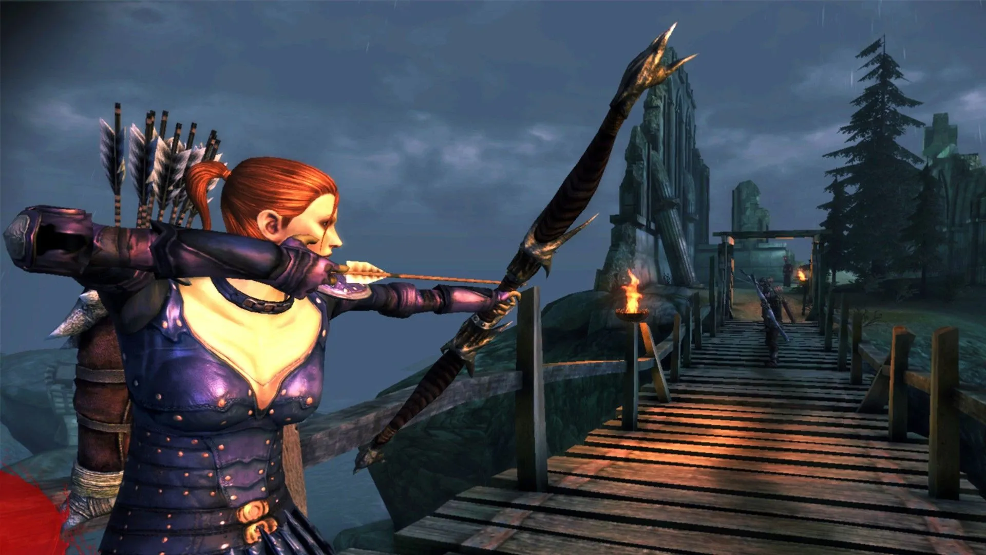 Nữ cung thủ Leliana chuẩn bị mũi tên trong Dragon Age: Origins, một ví dụ về game kế nhiệm tinh thần với sự tự do sáng tạo.