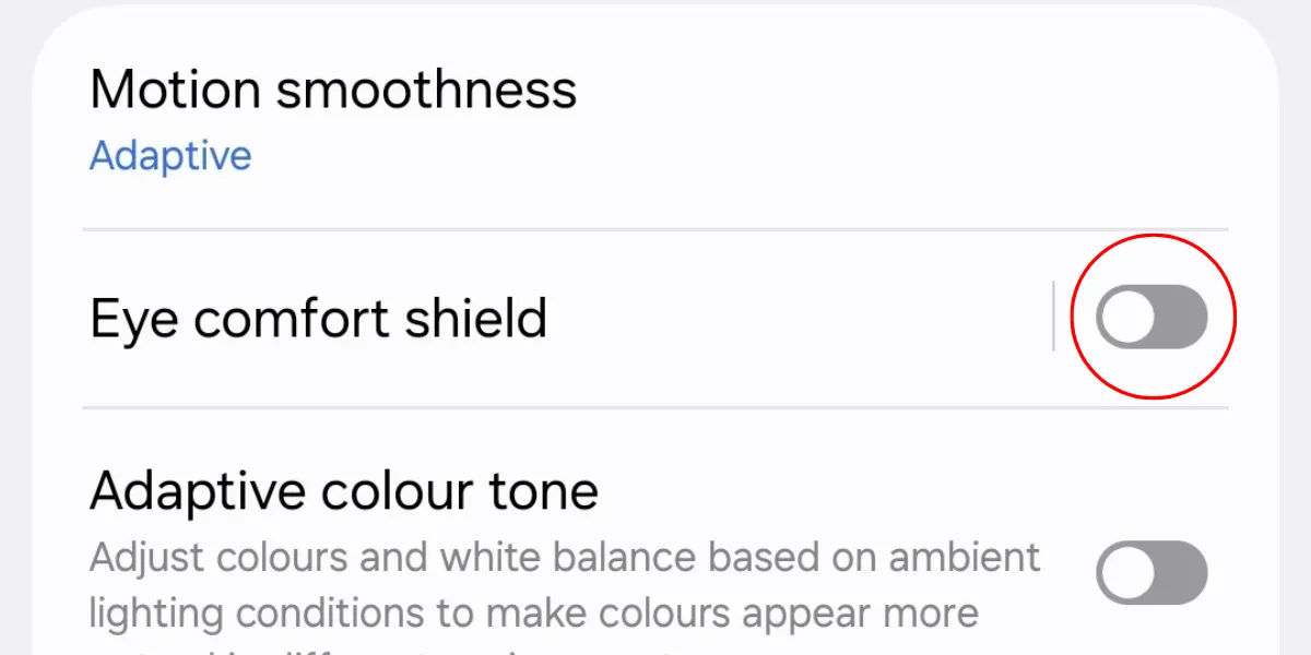 Nút bật tính năng 'Bảo vệ mắt (Eye Comfort Shield)' trên màn hình Galaxy S25