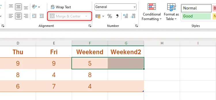 Nút Hợp nhất và Căn giữa (Merge &amp; Center) bị làm mờ khi bảng Excel đã được định dạng
