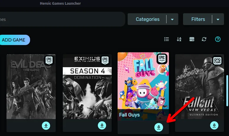 Nút &quot;Install&quot; game Fall Guys trong giao diện của Heroic Games Launcher trên Linux, nơi người dùng có thể tải về trò chơi Epic Games.