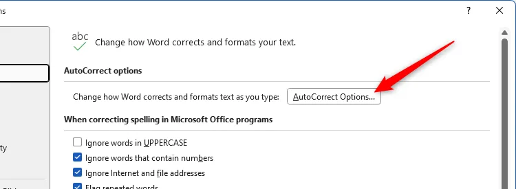 Nút &quot;Tùy chọn Tự sửa&quot; (AutoCorrect Options) nổi bật trong cửa sổ Tùy chọn Word.