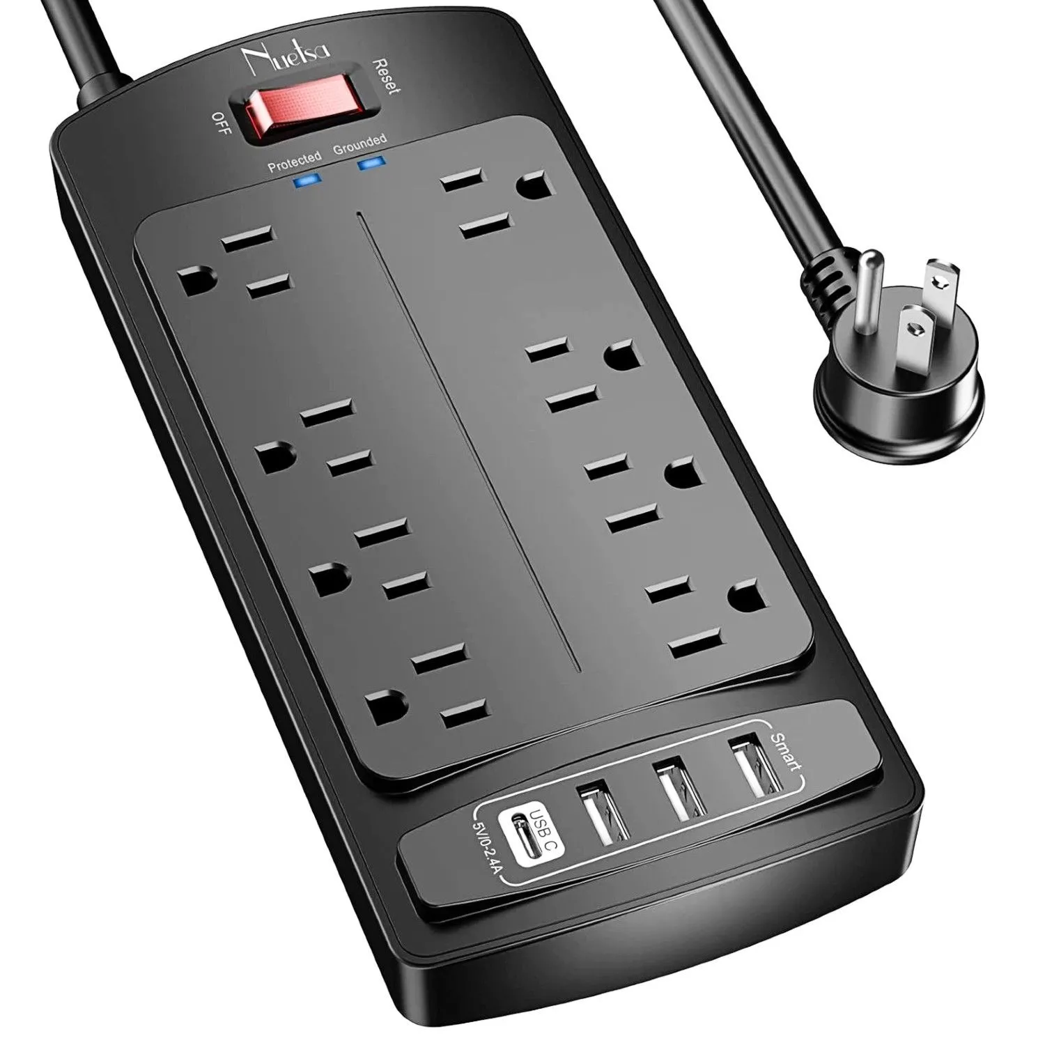 Ổ cắm chống sét Nuetsa với nhiều ổ cắm AC và cổng USB, trên nền trắng, thiết bị thiết yếu để bảo vệ và cấp nguồn cho văn phòng tại nhà.
