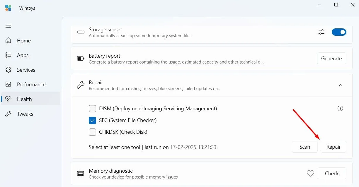 Phần sửa chữa hệ thống với các tùy chọn SFC, DISM, CHKDSK trong Wintoys