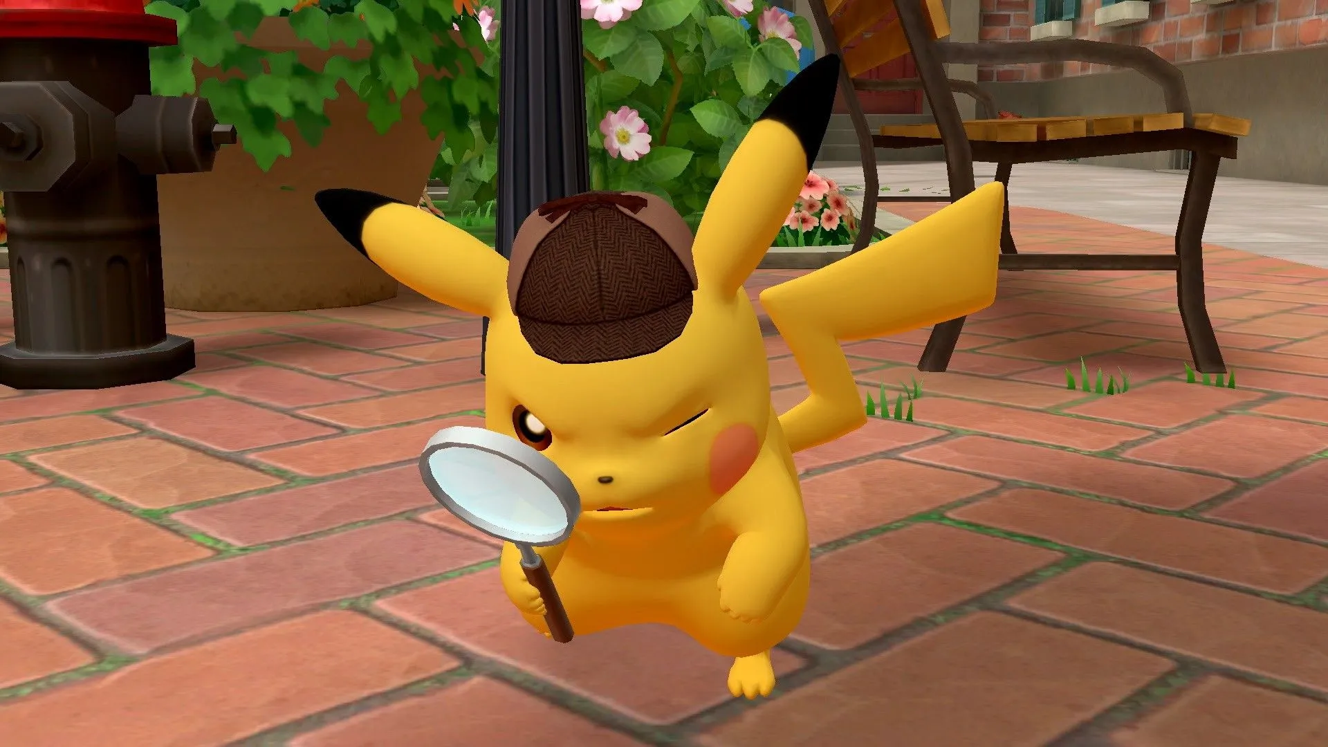 Pikachu trong trang phục thám tử, nhìn qua kính lúp