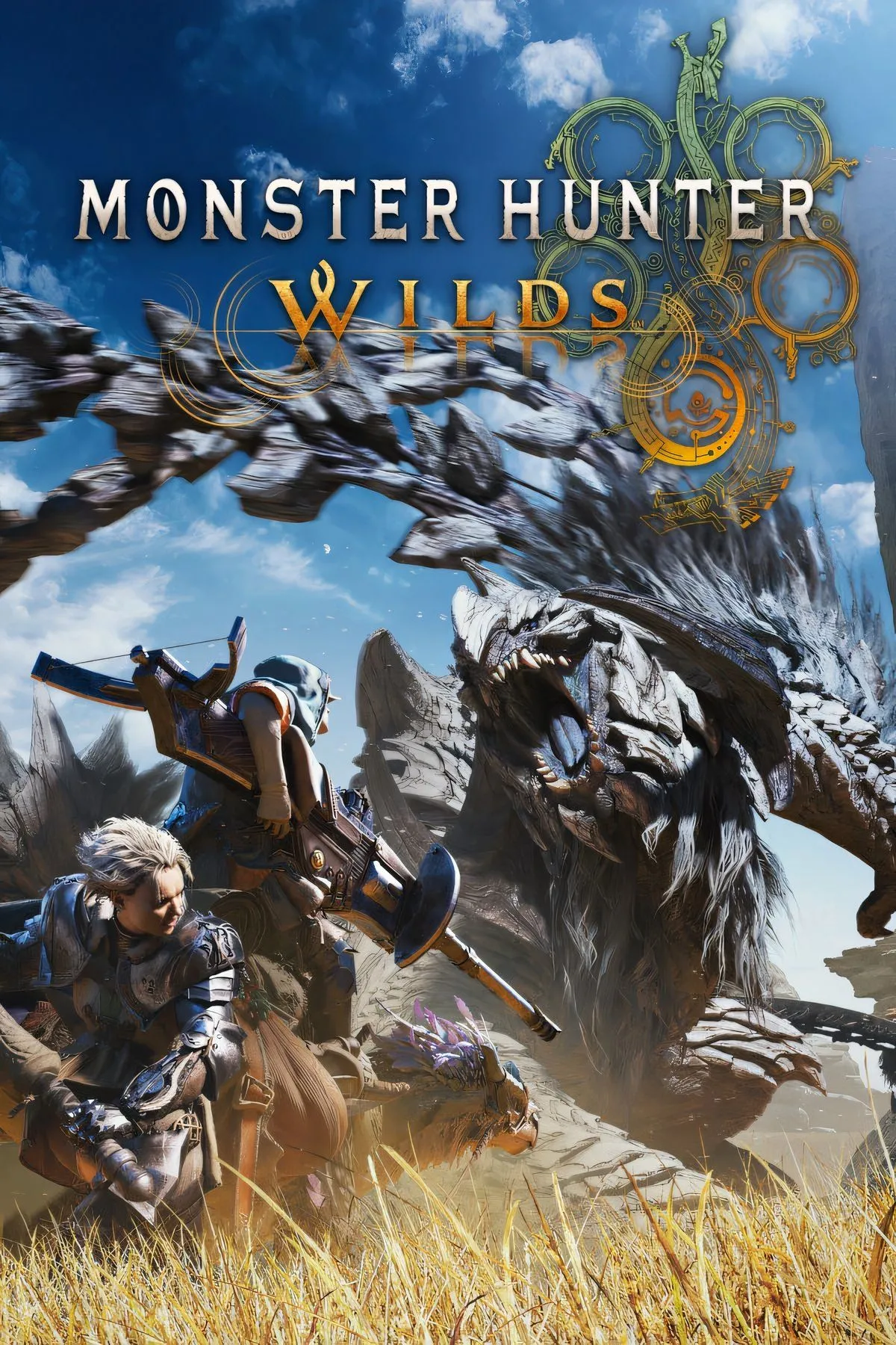 Poster quảng bá Monster Hunter Wilds với nhân vật và quái vật hùng vĩ.