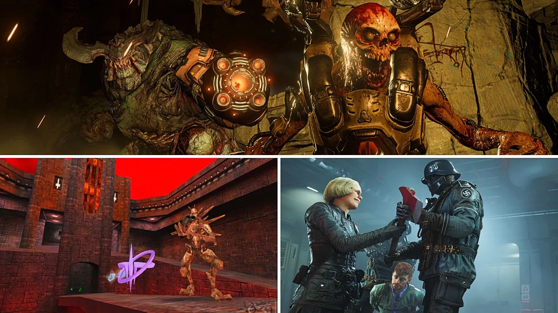 Quái vật từ Doom và Quake 3 Arena, cùng cảnh chiến đấu trong Wolfenstein 2