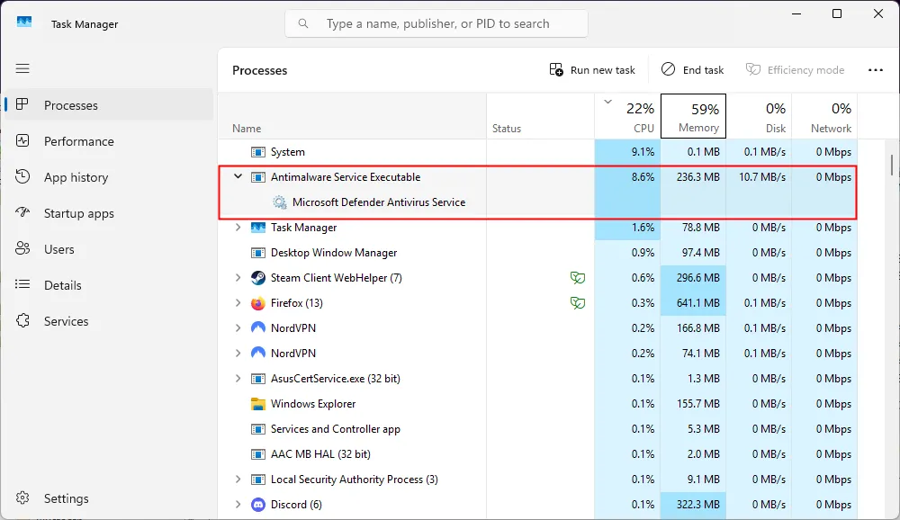 Quét diệt virus đang chạy chiếm khoảng 9% CPU và hơn 200 MB RAM