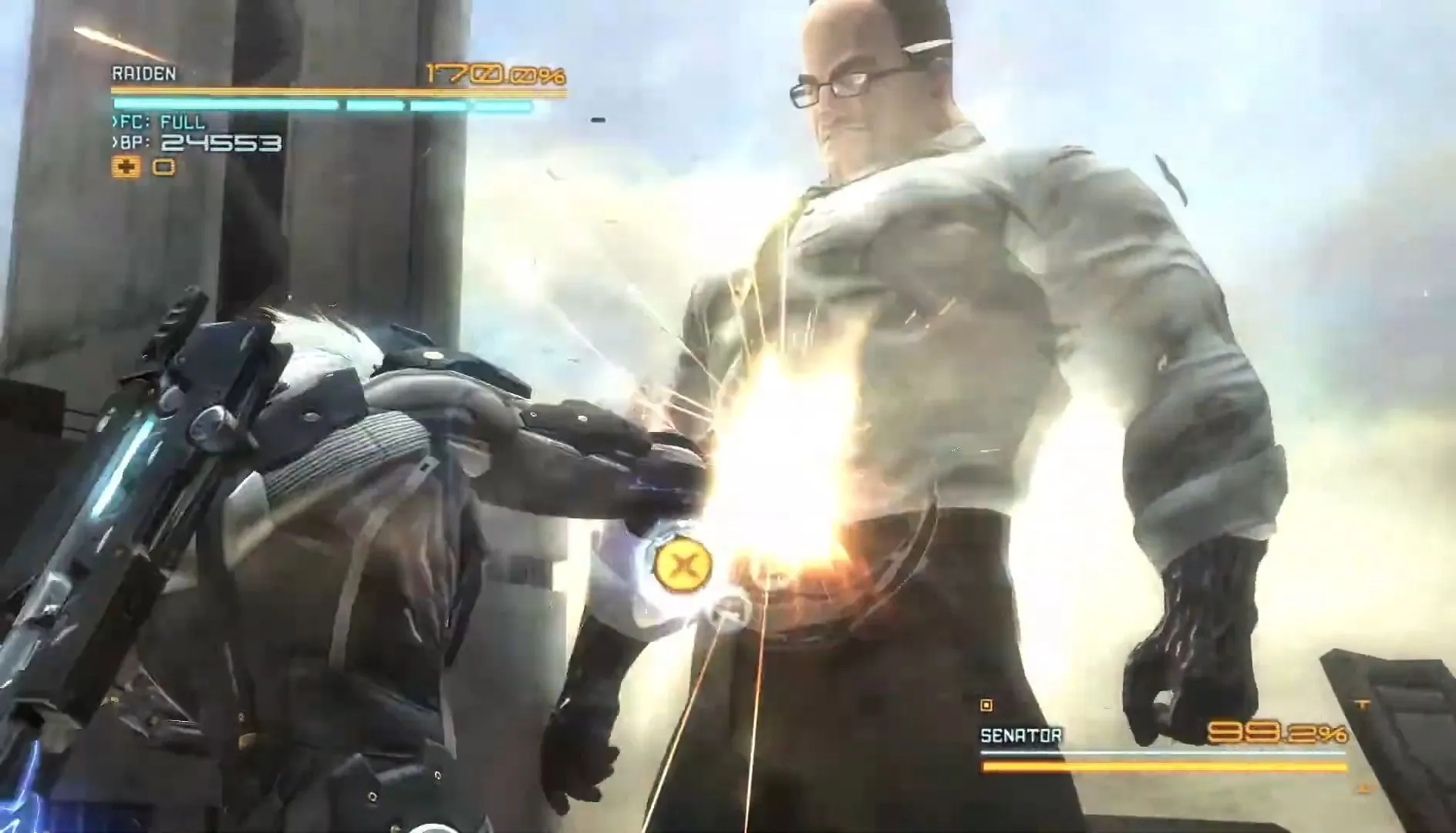 Raiden đấm Armstrong trong cảnh chiến đấu đỉnh cao của Metal Gear Rising: Revengeance.