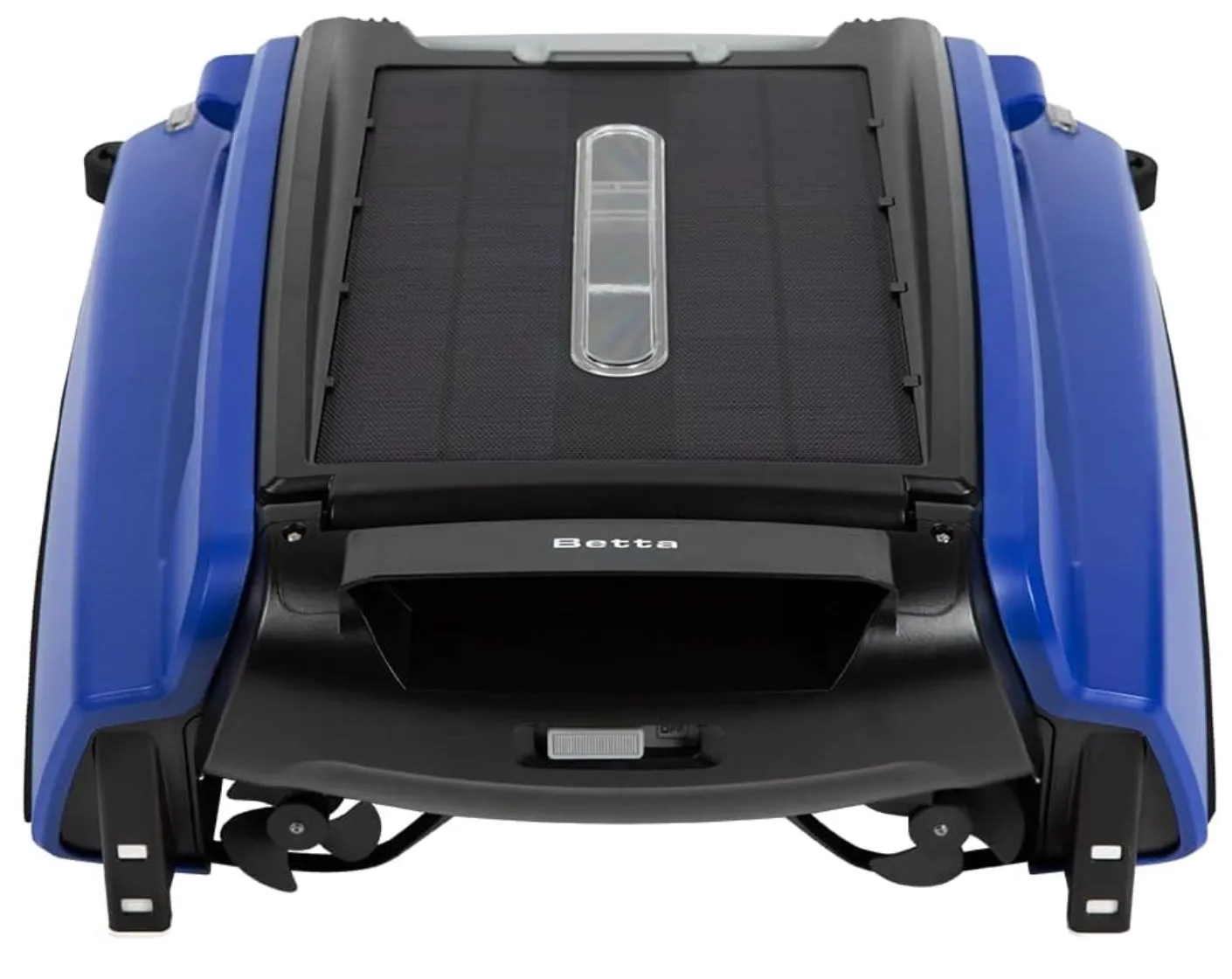 Robot hút bụi hồ bơi Betta Solar Skimmer màu trắng đang hoạt động trên mặt nước trong xanh của hồ bơi, làm sạch tự động