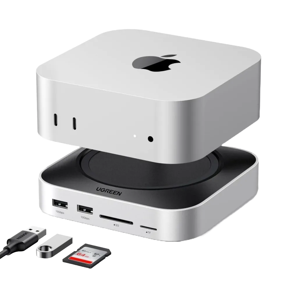 Sản phẩm Dock và Chân đế UGREEN Mac Mini M4 minh họa các cổng kết nối và khe cắm.