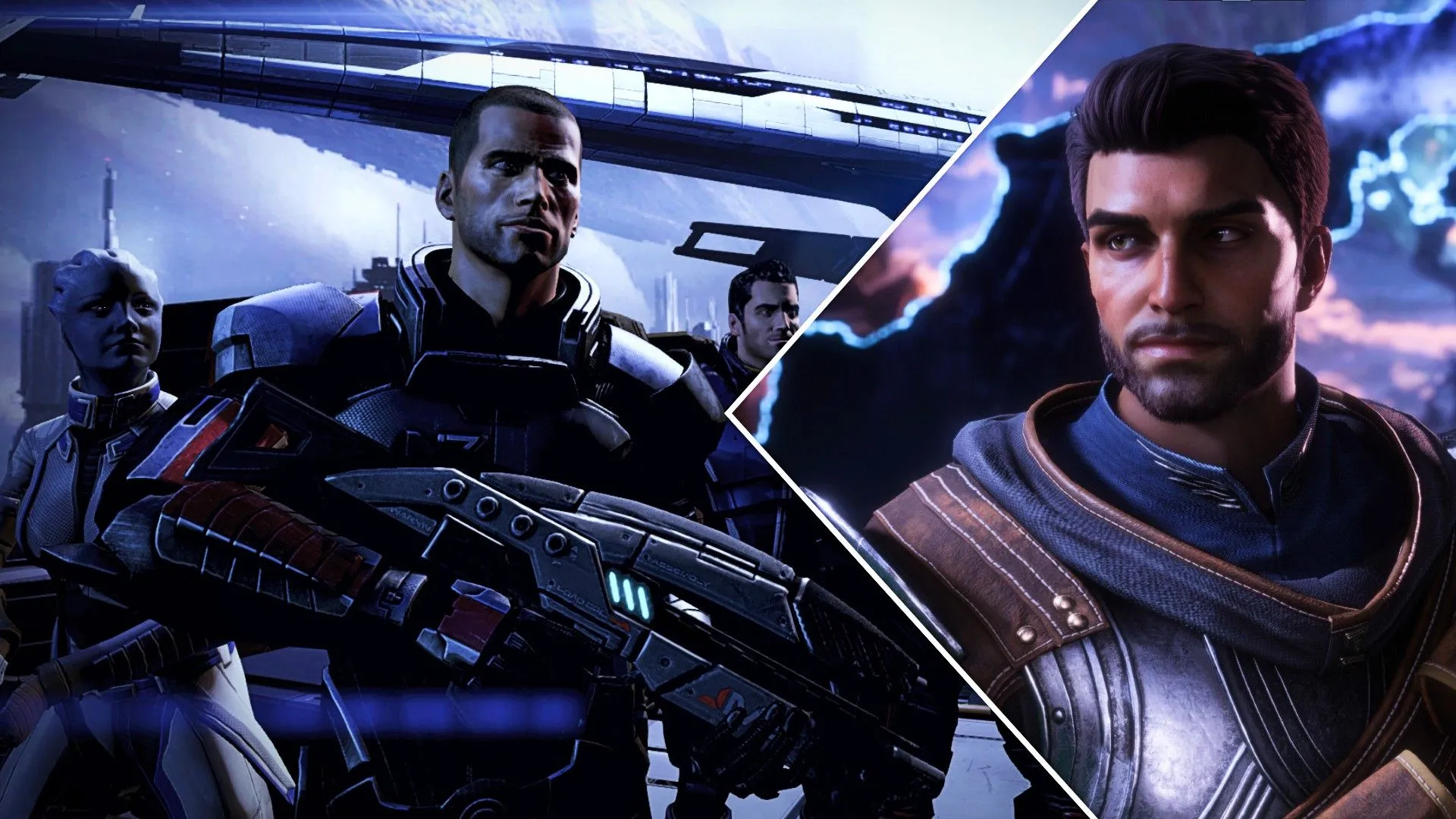 Shepard và Liara từ Mass Effect đứng cạnh chiến binh Dragon Age: The Veilguard