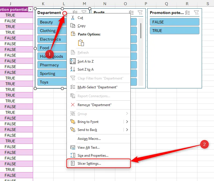 Slicer Settings được chọn trong menu chuột phải trên một slicer trong Excel.