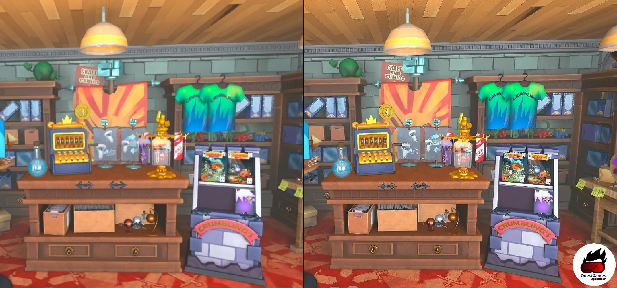 So sánh chất lượng đồ họa của một cửa hàng trong game trên Meta Quest 3 khi không sử dụng và có sử dụng Quest Games Optimizer, cho thấy sự khác biệt rõ rệt.