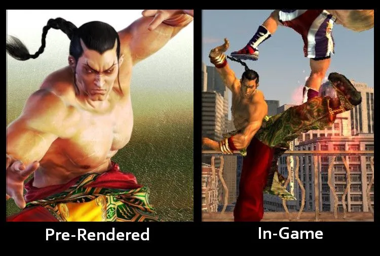 So sánh hình ảnh Tekken 5 pre-rendered và đồ họa trong game, cho thấy sự khác biệt giữa quảng cáo và thực tế