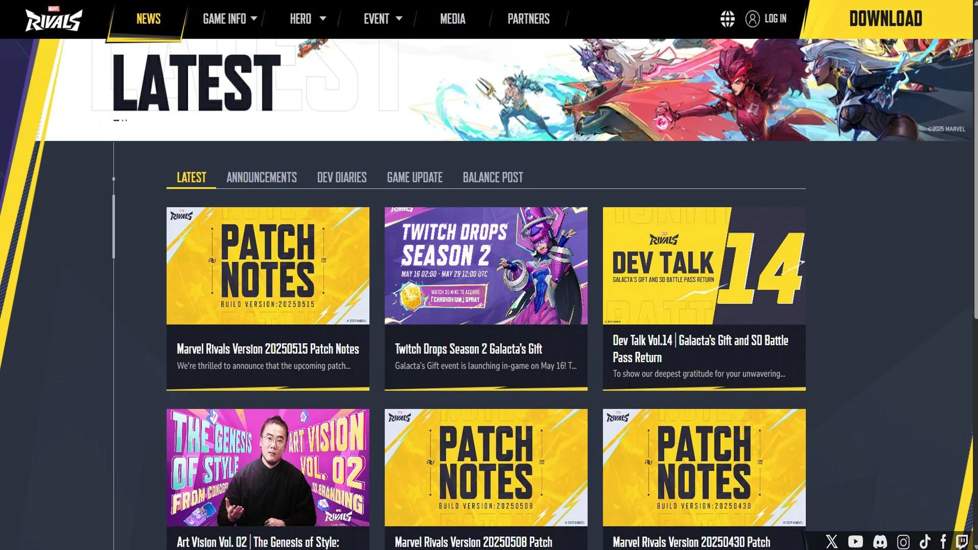 Tab tin tức trên trang web chính thức của Marvel Rivals cập nhật thông tin mới nhất.