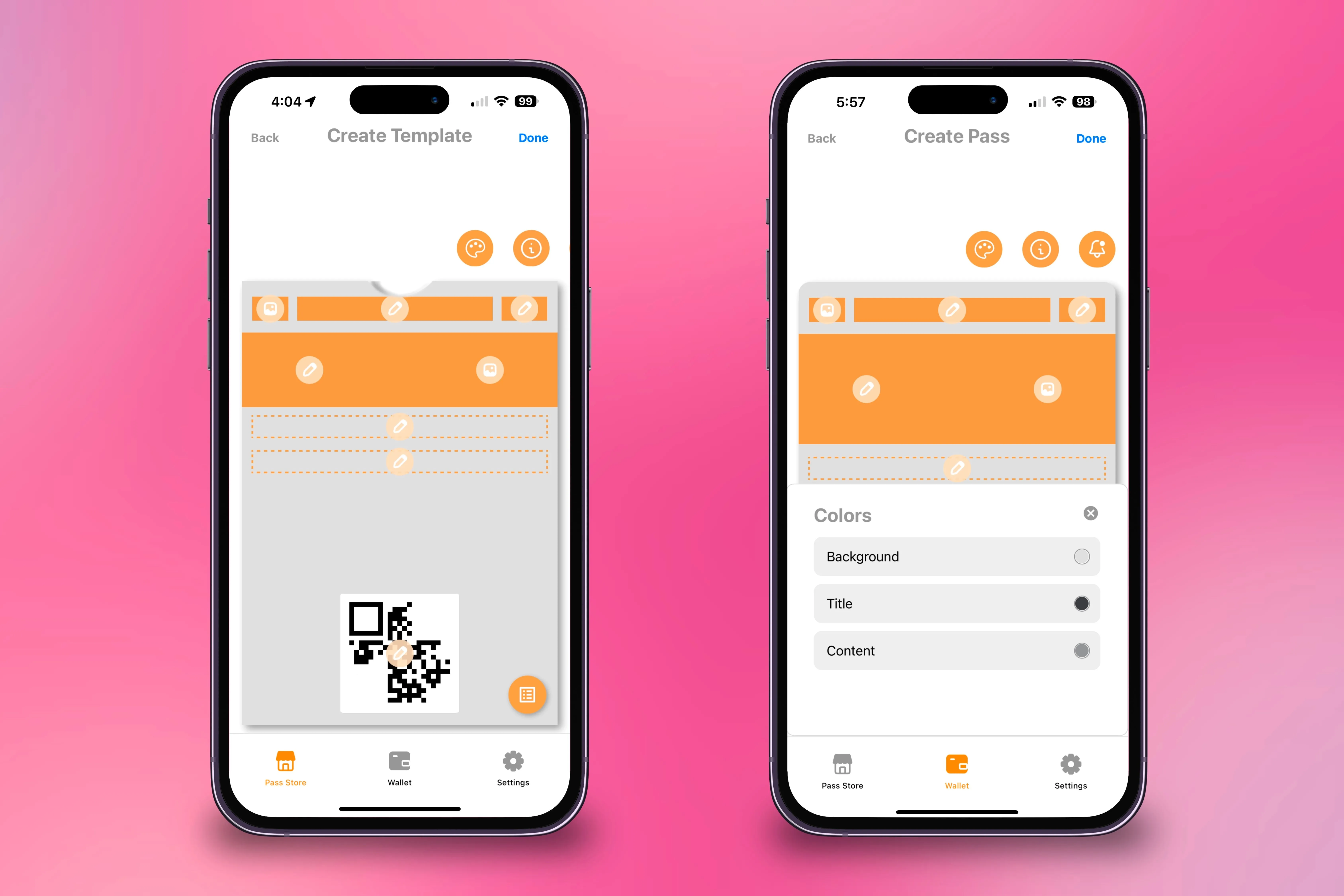 Tạo thẻ tùy chỉnh và điều chỉnh màu sắc trong ứng dụng Pass2U Wallet trên hai chiếc iPhone, thể hiện khả năng cá nhân hóa thiết kế thẻ.
