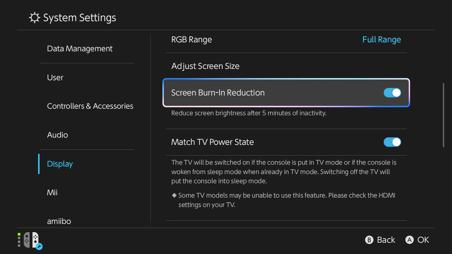 Tắt chế độ giảm lưu ảnh màn hình trong cài đặt Hiển thị của Nintendo Switch 2