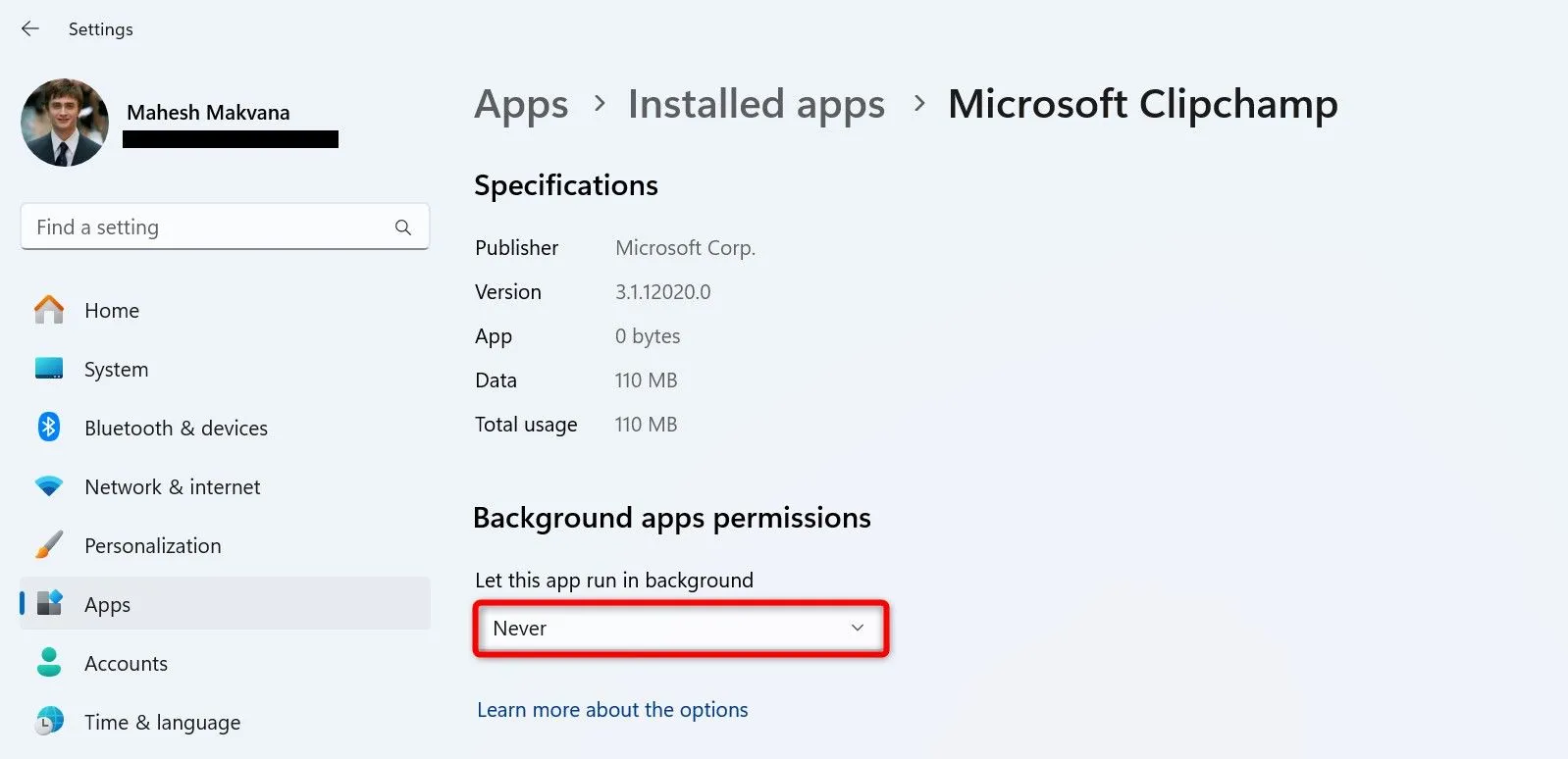 Tắt chế độ &quot;Let This App Run in Background&quot; để ngăn ứng dụng chạy nền và tiết kiệm RAM trên Windows 11