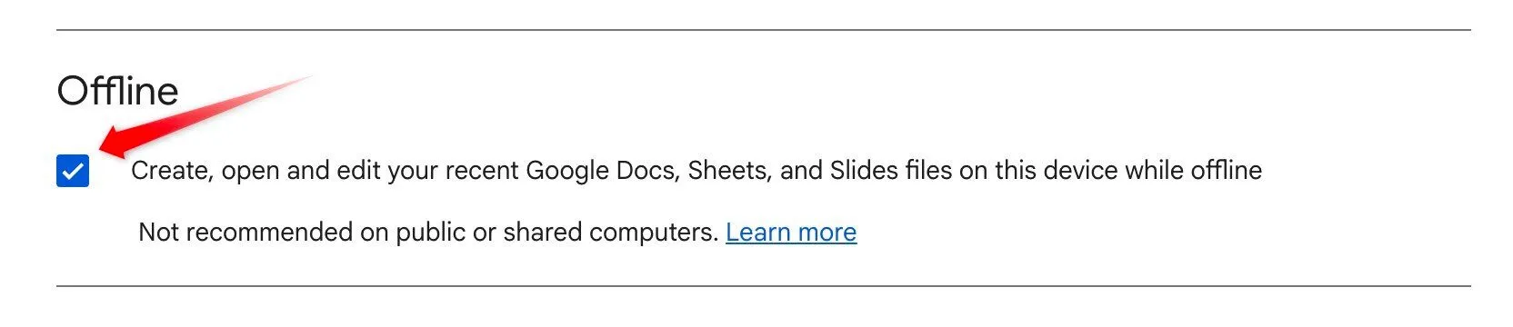 Tắt chế độ truy cập ngoại tuyến cho Google Docs, Sheets và Slides trong cài đặt Google Drive để giải phóng dung lượng Chromebook.