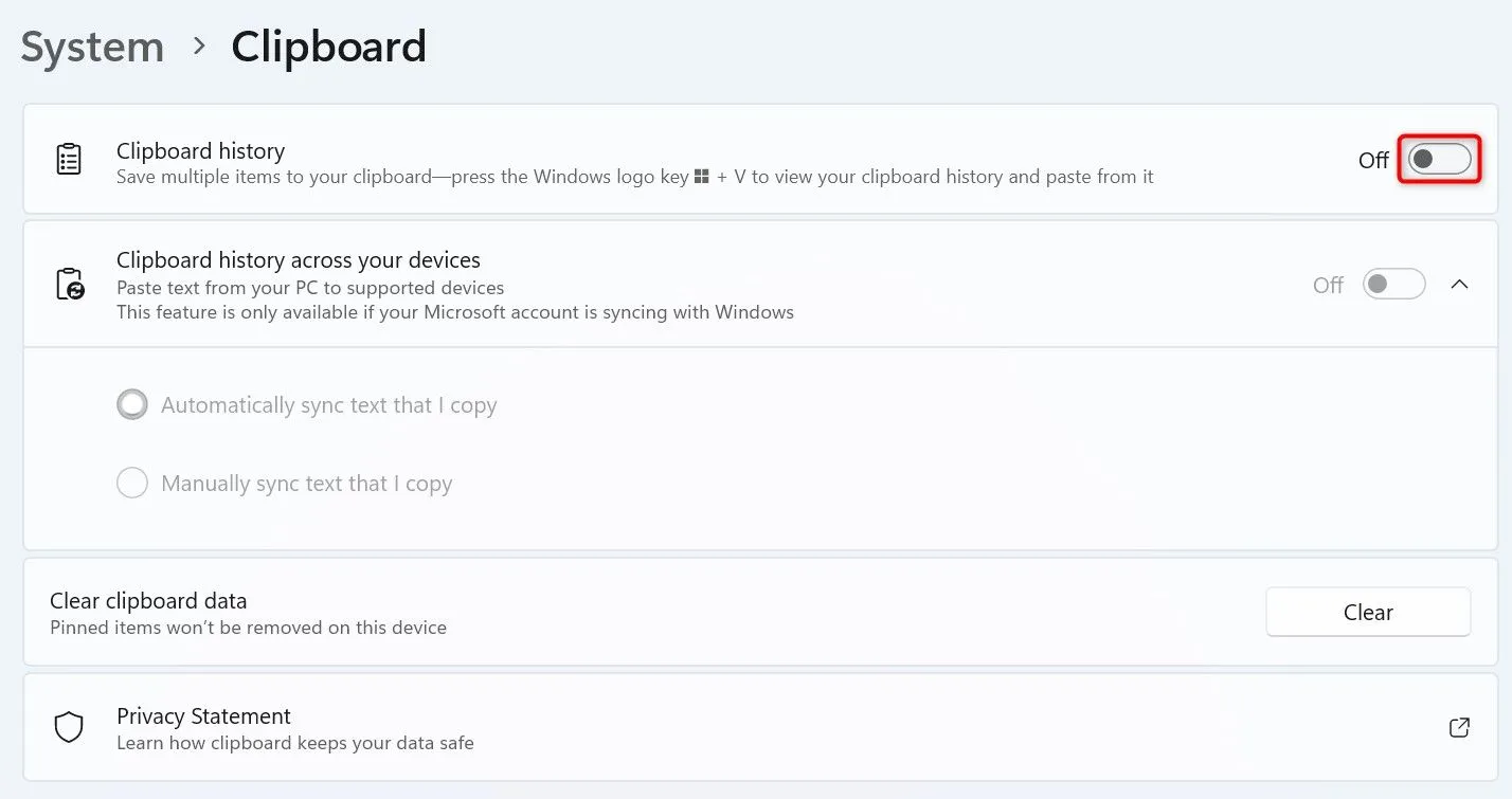Tắt tùy chọn &quot;Clipboard history&quot; trong cài đặt clipboard của Windows 11