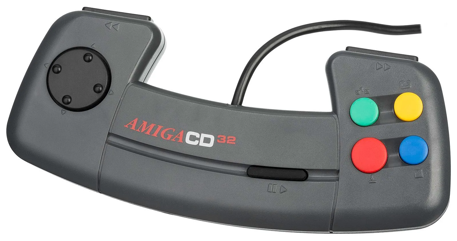 Tay cầm Amiga CD32 với thiết kế độc đáo nhưng D-Pad xốp và thiếu phản hồi.