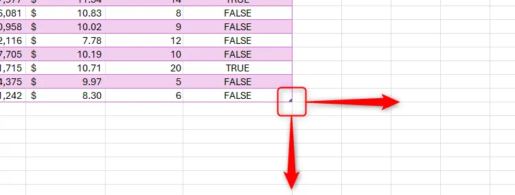 Tay cầm điền bảng trong Excel được tô sáng, với một mũi tên phải và xuống chỉ ra các hướng để nhấp và kéo nó để mở rộng bảng.