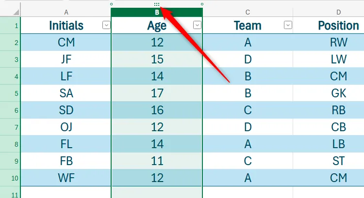 Tay cầm sáu chấm để kéo và di chuyển cột trong bảng tính Excel cho web.