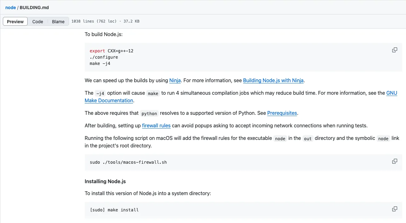 Tệp BUILDING.md của Node.js minh họa quy trình biên dịch và cài đặt bằng lệnh configure, make, make install