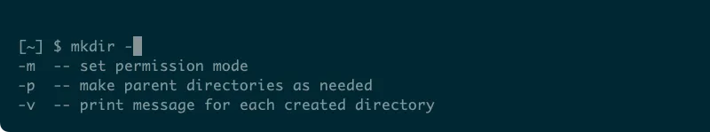 Terminal Linux hiển thị các tùy chọn lệnh (như -m, -p, -v) cho lệnh &quot;mkdir&quot; được tự động hoàn thành bằng Tab Completion.