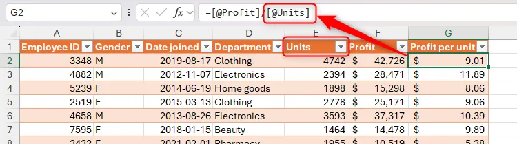 Tham chiếu có cấu trúc trong Excel đã thích nghi với sự thay đổi tên cột.