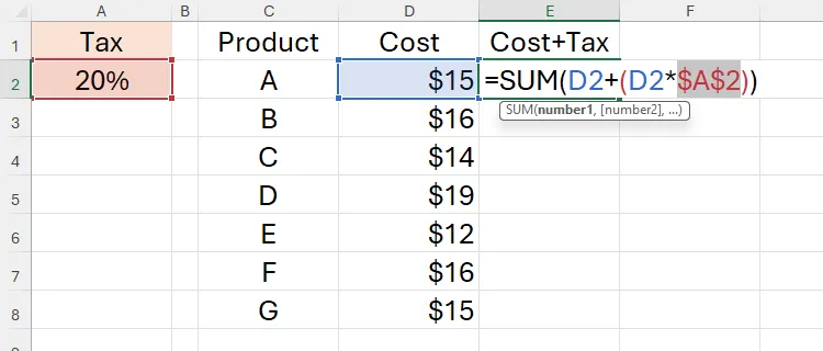 Tham chiếu tương đối đến ô A2 trong Excel được chuyển đổi thành tham chiếu tuyệt đối với dấu đô la ($) bằng phím F4.