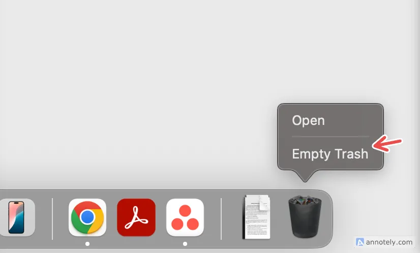 Thao tác làm rỗng thùng rác trên macOS để giải phóng bộ nhớ