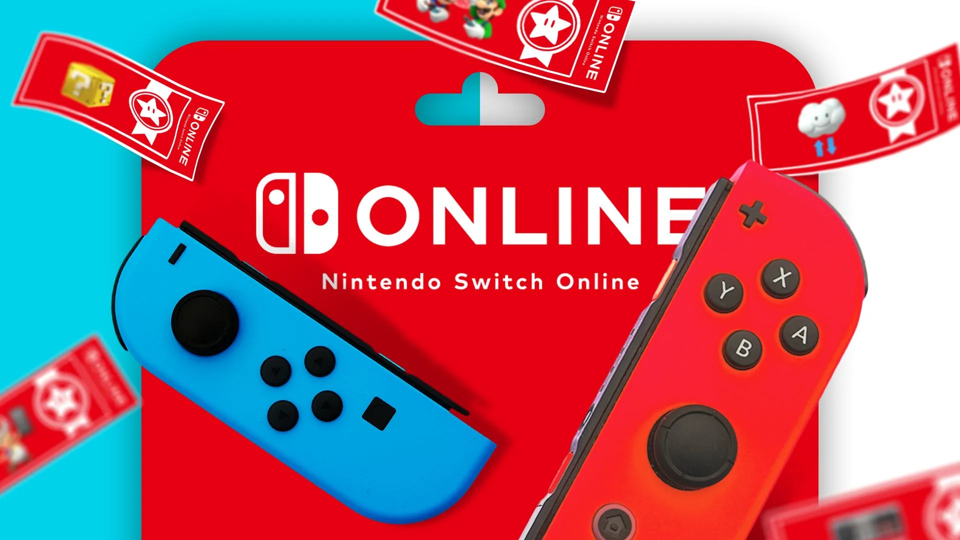 Thẻ quà tặng Nintendo Online và hai tay cầm Joy-Con, tượng trưng cho chương trình Nintendo Switch Game Vouchers giúp người dùng mua game Switch với giá ưu đãi.