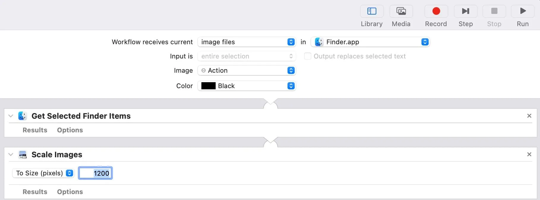Thêm và cấu hình hành động &quot;Scale Images&quot; để thay đổi kích thước hình ảnh trong Automator.