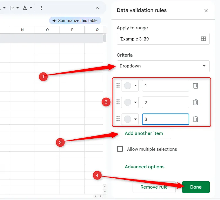 Thiết lập danh sách thả xuống cho quy tắc xác thực dữ liệu trong Google Sheets