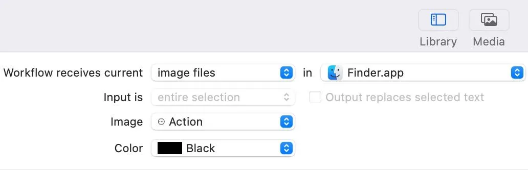 Thiết lập hành động &quot;Workflow Receives Current&quot; thành &quot;Image Files&quot; trong &quot;Finder&quot; trên Automator macOS.