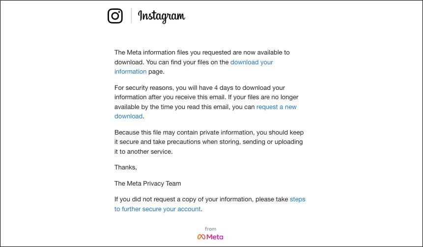 Thông báo email từ Instagram khi quá trình tải dữ liệu đã hoàn tất