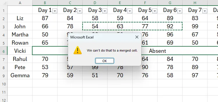 Thông báo lỗi khi sao chép và dán dữ liệu vào ô Excel đã gộp