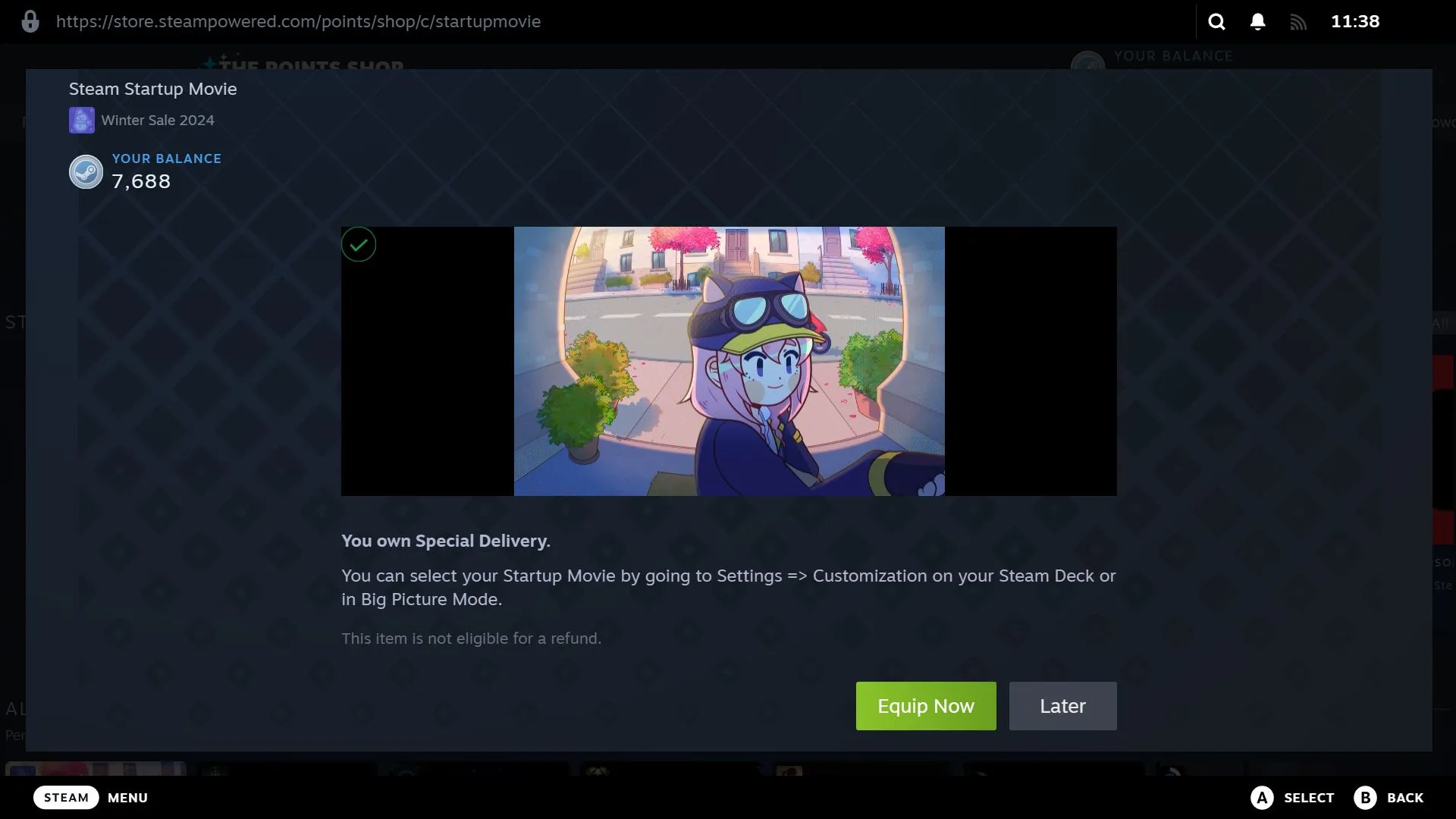 Thông báo sau khi mua video khởi động Steam từ Cửa hàng Điểm, với tùy chọn &quot;Trang bị Ngay&quot;.