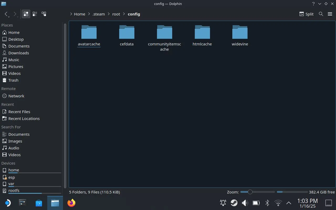 Thư mục &quot;config&quot; được mở trong Trình quản lý Tệp trên Steam Deck, nơi chứa các cài đặt.
