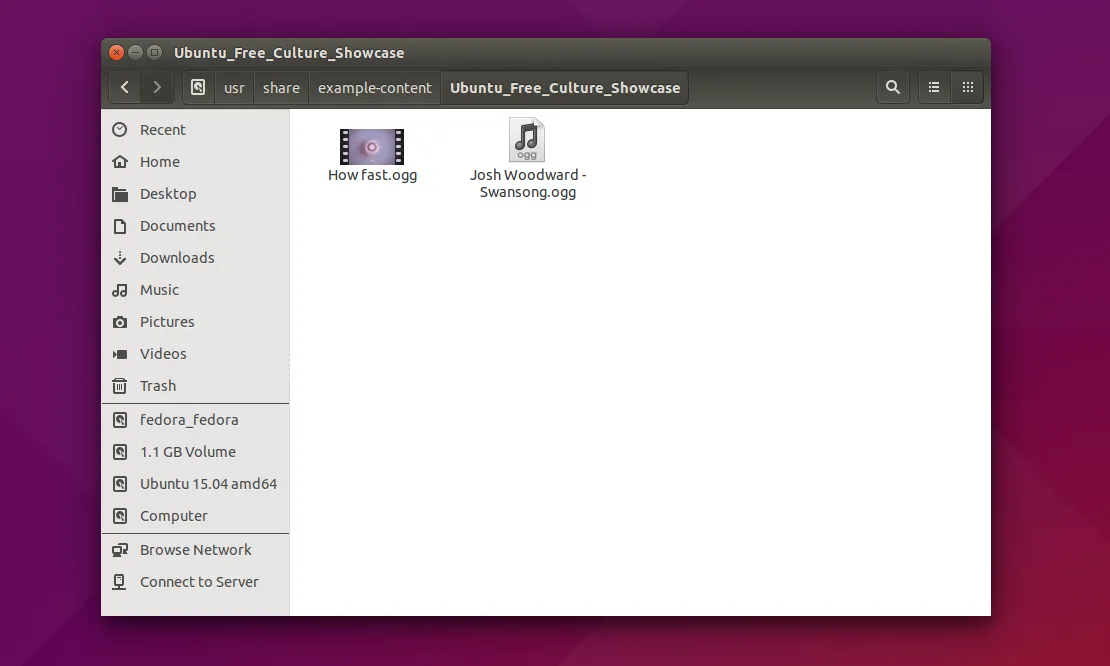 Thư mục Free Culture Showcase trong Ubuntu 15.04, chứa các tệp đa phương tiện mã nguồn mở