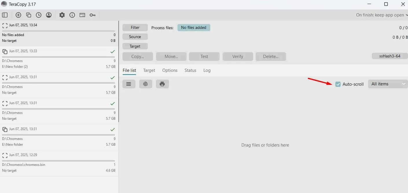 Tính năng Auto Scroll của TeraCopy giúp bỏ qua file lỗi