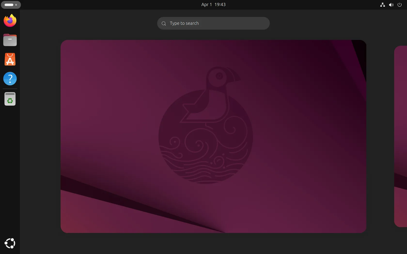 Tổng quan desktop Ubuntu 25.04 với môi trường GNOME tùy chỉnh, hiển thị dock và các biểu tượng ứng dụng.