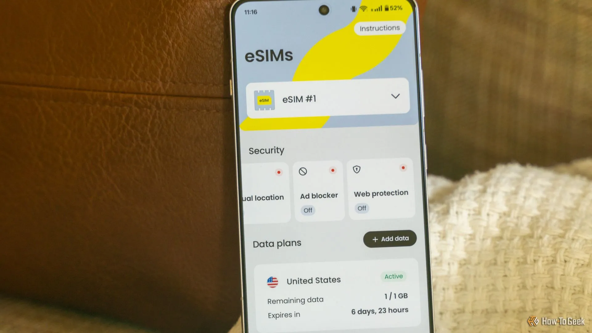 Trang chủ ứng dụng Saily khi gói eSIM đang hoạt động, hiển thị thông tin sử dụng dữ liệu.
