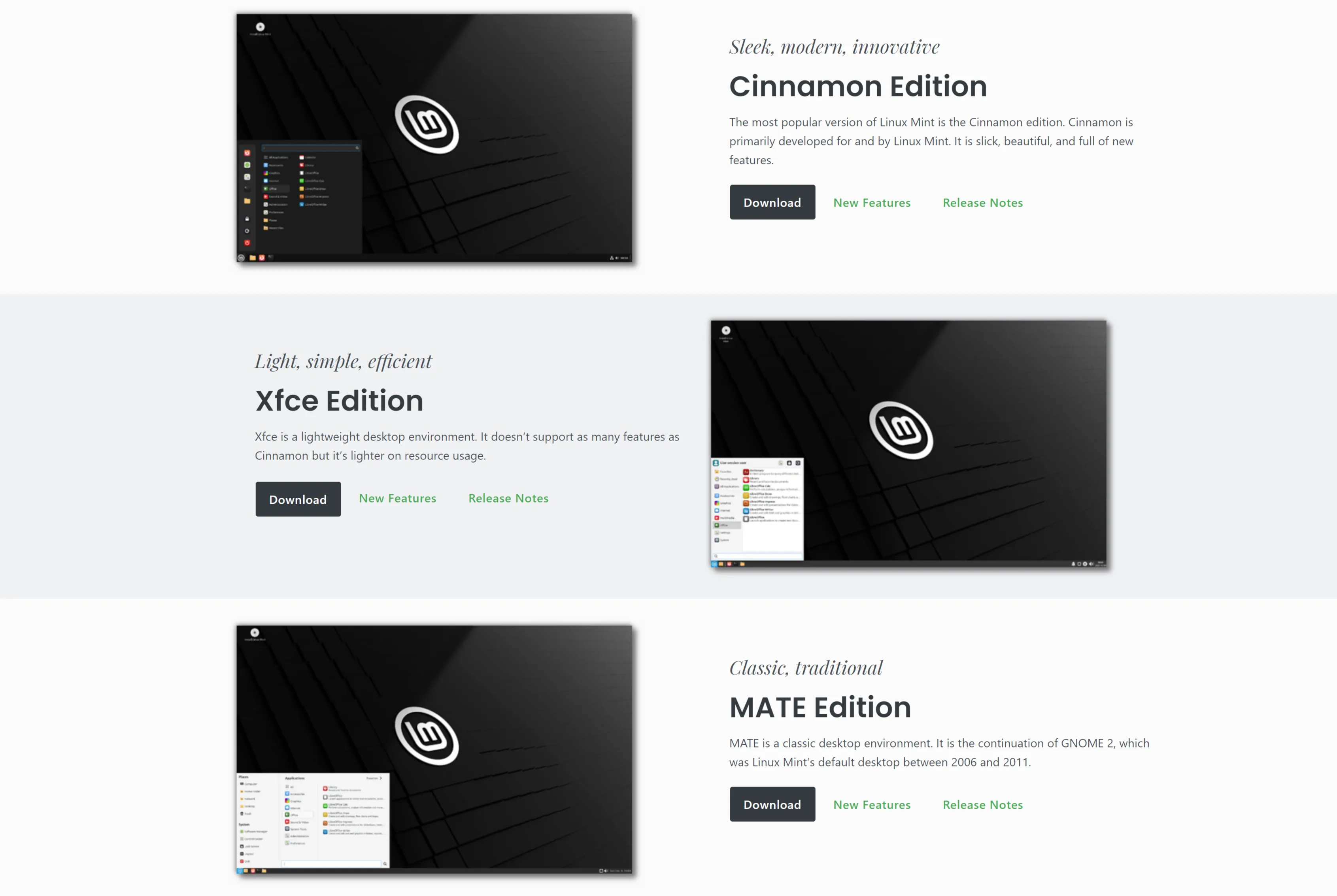 Trang tải xuống Linux Mint hiển thị các phiên bản Cinnamon, MATE và Xfce