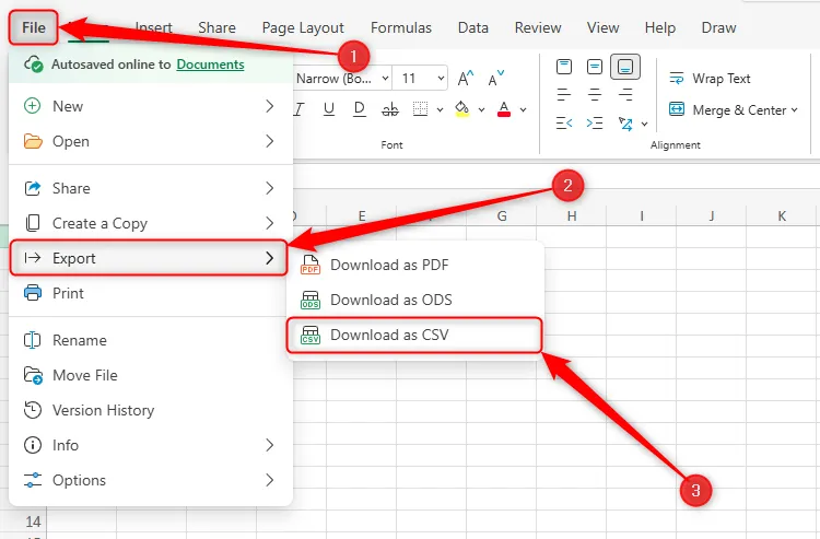 Trình đơn File trong Excel cho web được mở rộng, chọn Export và Download As CSV để xuất tệp CSV.