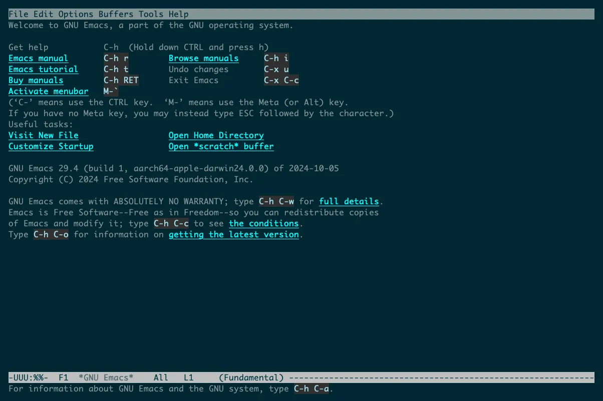 Trình soạn thảo văn bản GNU Emacs đang mở trong Terminal của macOS, minh họa khả năng sử dụng công cụ dòng lệnh mạnh mẽ
